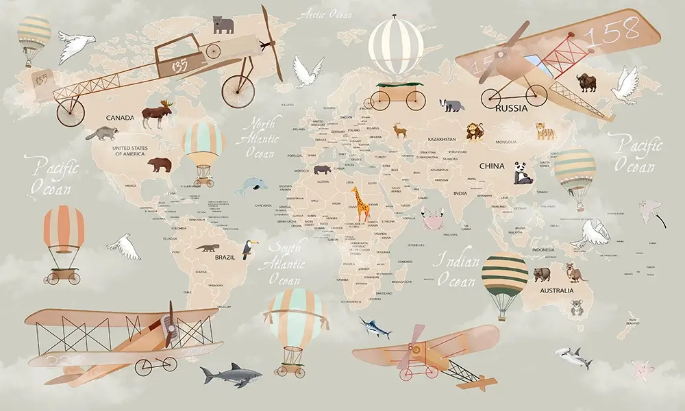 Tapet-Animals-World-Map-tapet-harta-lumii-copii-fototapet-harta-lumii-copii-tapet-copii-harta-lumii-tapet-personalizat