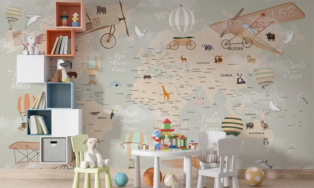 Tapet-Animals-World-Map-tapet-harta-lumii-copii-fototapet-harta-lumii-copii-tapet-copii-harta-lumii-tapet-personalizat