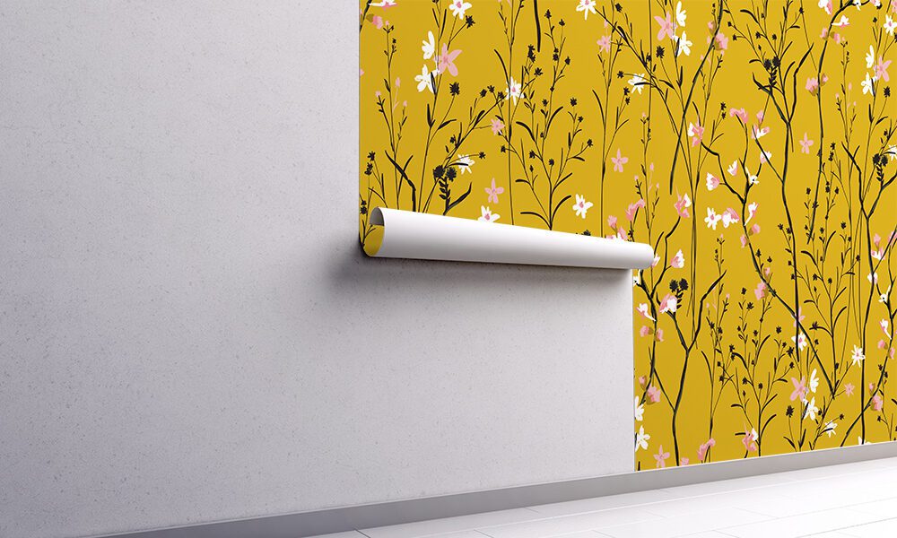 Fototapet-mustard-floral-pattern-tapet-foto