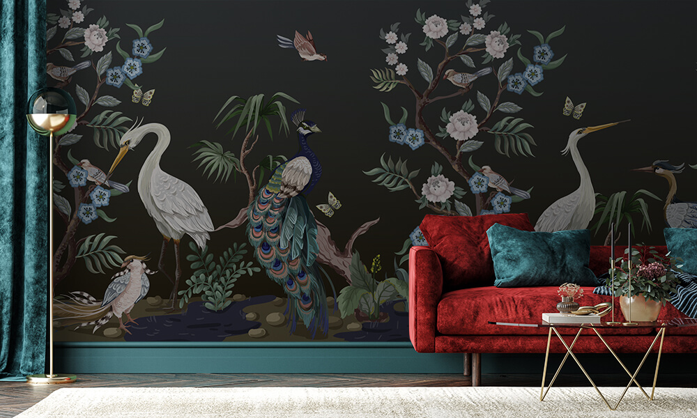 Fototapet-peacock-chinoiserie-in-black