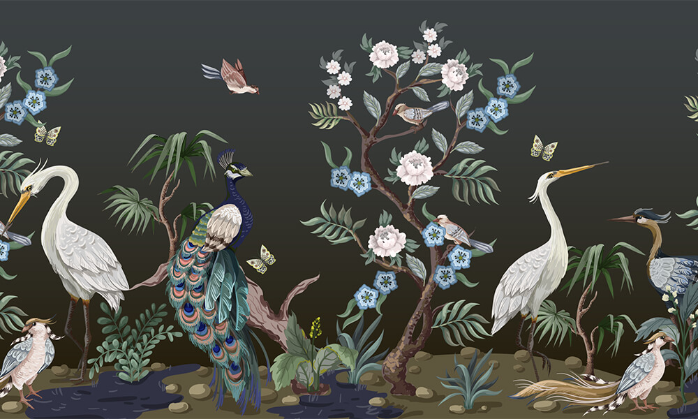 Fototapet-peacock-chinoiserie-in-black