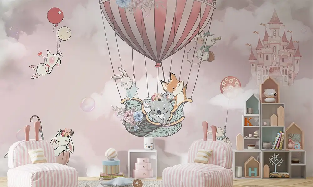 Tapet-Balloon-Ride-tapet-copii-tapet-animale-copii-tapet-copii-animale-tapet-camera-copii-tapet-cresa-tapet-gradinita-tapet-camera-fete-tapet-nori-roz-copii