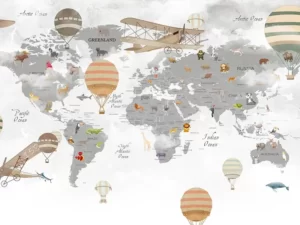 Tapet-Kids-World-Map-Grey-tapet-harta-lumii-copii-fototapet-harta-lumii-copii-tapet-copii-harta-lumii-tapet-personalizat-tapet-ecologic