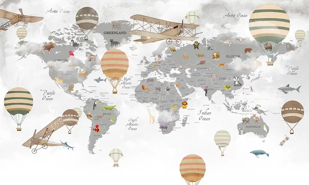 Tapet-Kids-World-Map-Grey-tapet-harta-lumii-copii-fototapet-harta-lumii-copii-tapet-copii-harta-lumii-tapet-personalizat-tapet-ecologic
