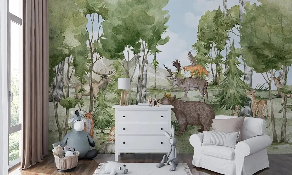 Tapet-Woodland-Animals-in-Watercolor-tapet-copii-animale-tapet-cu-animale-tapet-animale-copii-tapet-copii-tapet-ecologic-tapet-camera-copii