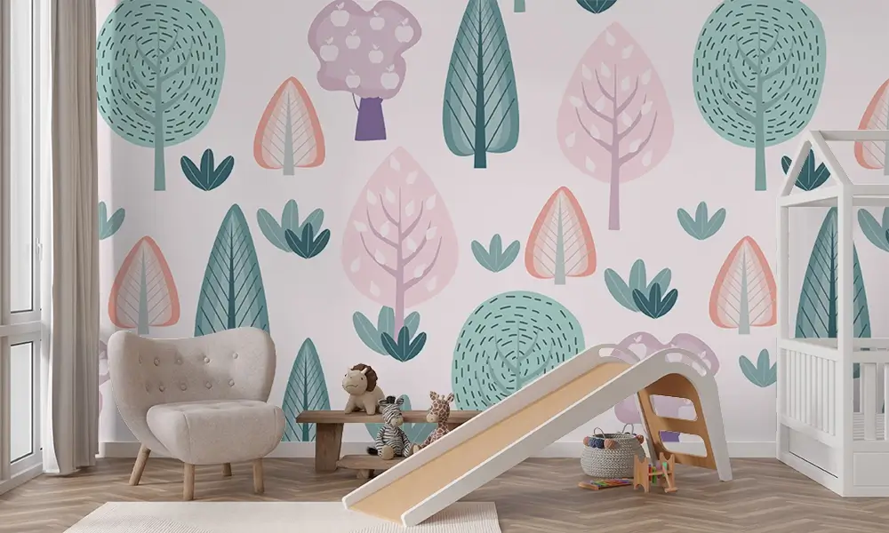 Tapet-Scandinavian-Forest-Pastel-tapet-copii-tapet-camera-copii-tapet-dormitor-copii-tapet-ecologic-tapet-personalizat