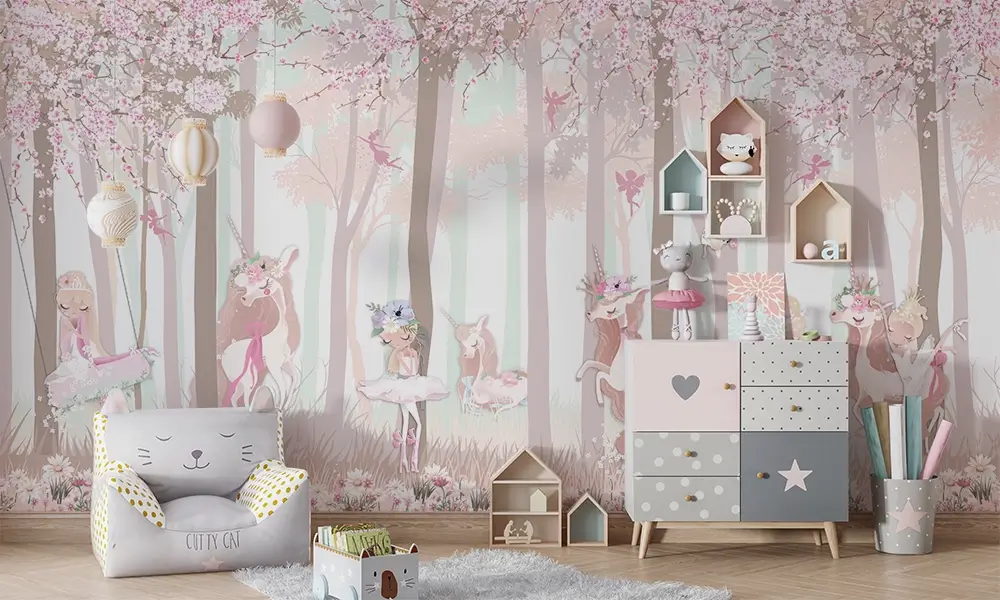 Tapet-Enchanted-Fairy-Forest-tapet-unicorni-tapet-printese-fototapet-unicorni-fototapet-printese-tapet-camera-copii-fete-tapet-fete-tapet-ecologic