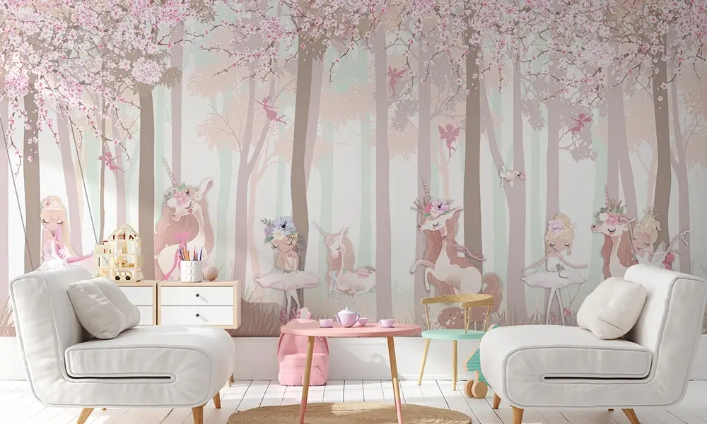 Tapet-Enchanted-Fairy-Forest-tapet-unicorni-tapet-printese-fototapet-unicorni-fototapet-printese-tapet-camera-copii-fete-tapet-fete-tapet-ecologic