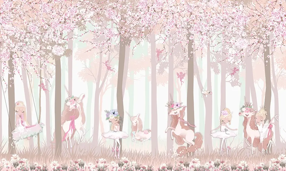 Tapet-Enchanted-Fairy-Forest-tapet-unicorni-tapet-printese-fototapet-unicorni-fototapet-printese-tapet-camera-copii-fete-tapet-fete-tapet-ecologic