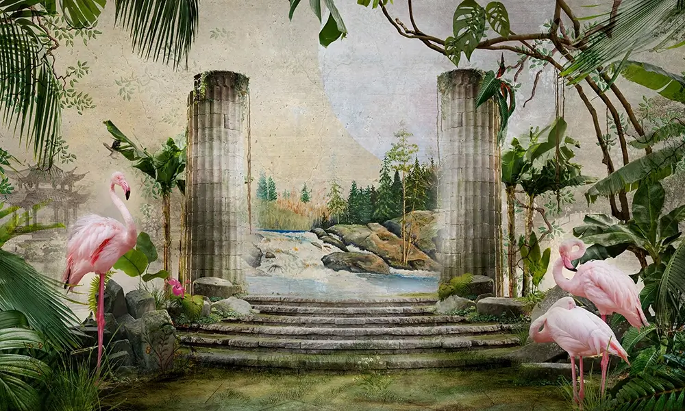 Tapet-Exotic-Oasis-tapet-flamingo-tapet-exotic-tapet-tropical-fototapet-flamingo-tapet-living-tapet-personalizat