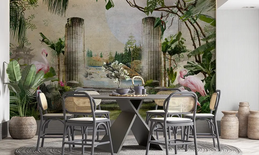 Tapet-Exotic-Oasis-tapet-flamingo-tapet-exotic-tapet-tropical-fototapet-flamingo-tapet-living-tapet-personalizat