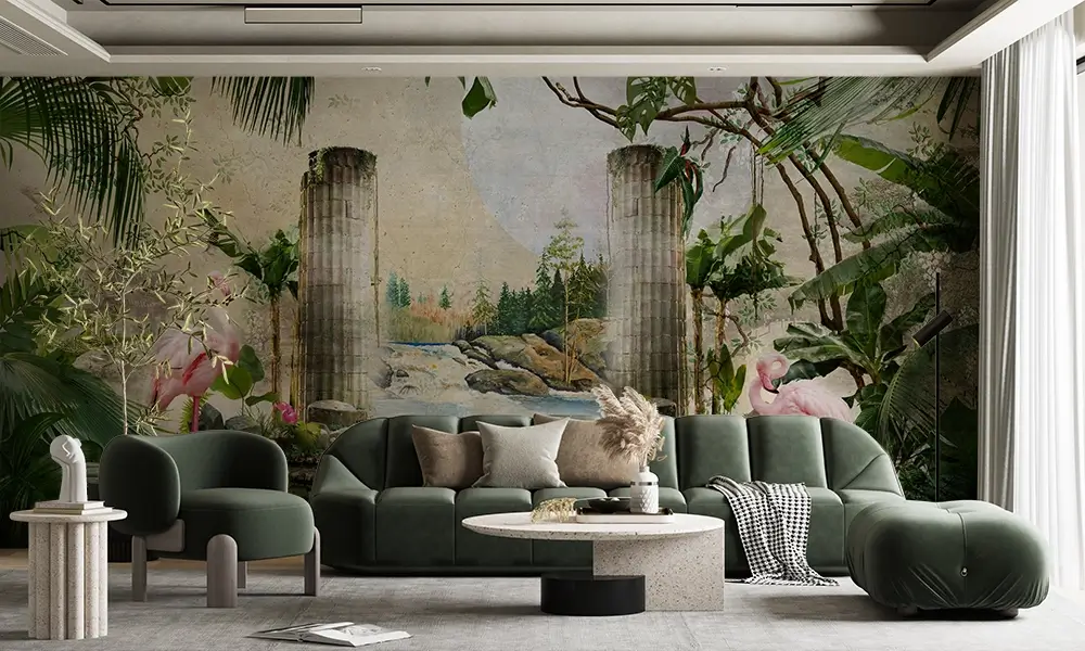 Tapet-Exotic-Oasis-tapet-flamingo-tapet-exotic-tapet-tropical-fototapet-flamingo-tapet-living-tapet-personalizat