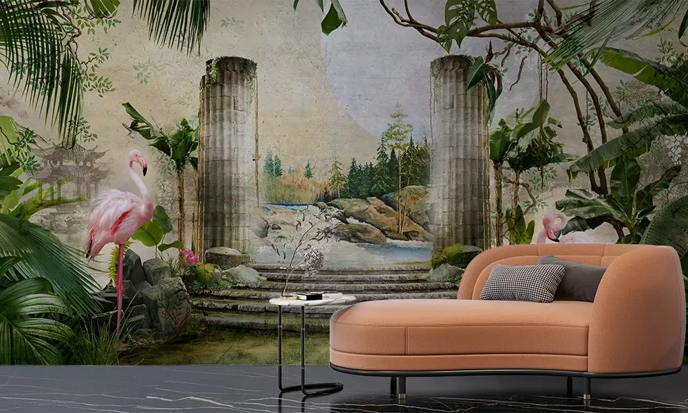 Tapet-Exotic-Oasis-tapet-flamingo-tapet-exotic-tapet-tropical-fototapet-flamingo-tapet-living-tapet-personalizat
