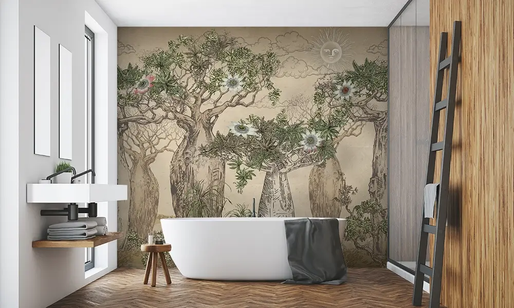 Tapet-Wild-Oasis-tapet-copaci-fototapet-copaci-tapet-living-tapet-vintage-tapet-birou-tapet-personalizat