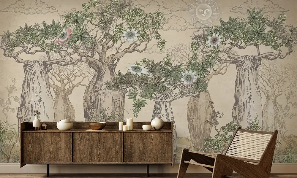 Tapet-Wild-Oasis-tapet-copaci-fototapet-copaci-tapet-living-tapet-vintage-tapet-birou-tapet-personalizat