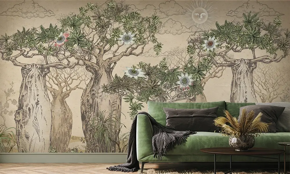 Tapet-Wild-Oasis-tapet-copaci-fototapet-copaci-tapet-living-tapet-vintage-tapet-birou-tapet-personalizat