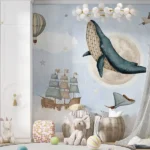 Tapet-Whales-Cosmic-Journey-tapet-pesti-copii-tapet-nori-copii-tapet-camera-copii-tapet-copii-ecologic-tapet-gradinita-tapet-cresa-fototapet-copii
