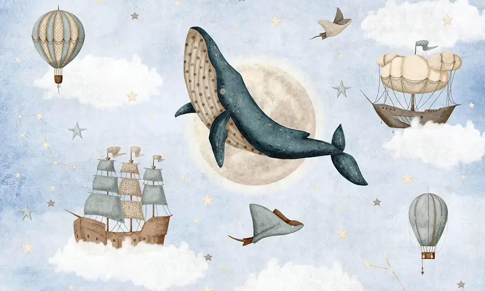 Tapet-Whales-Cosmic-Journey-tapet-pesti-copii-tapet-nori-copii-tapet-camera-copii-tapet-copii-ecologic-tapet-gradinita-tapet-cresa-fototapet-copii