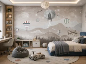 Tapet-Moon-Journey-Beige-tapet-cu-avioane-astronaut-si-planete-pentru-baieti (3)