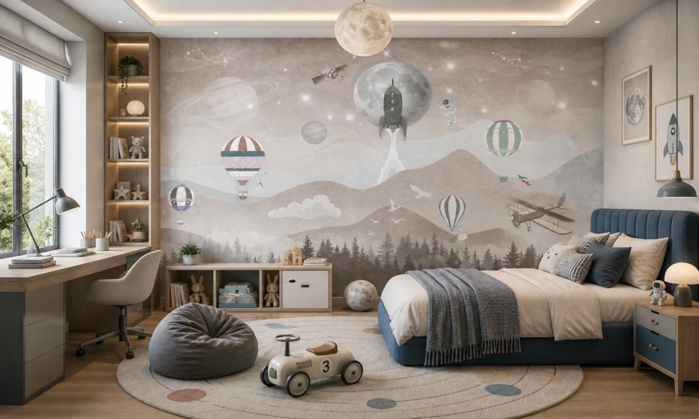 Tapet-Moon-Journey-Beige-tapet-cu-avioane-astronaut-si-planete-pentru-baieti (3)