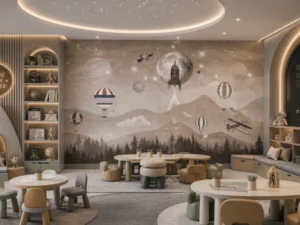 Tapet-Moon-Journey-Beige-tapet-cu-avioane-astronaut-si-planete-pentru-baieti