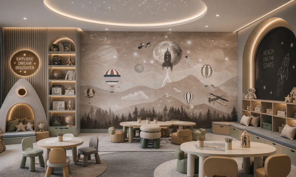 Tapet-Moon-Journey-Beige-tapet-cu-avioane-astronaut-si-planete-pentru-baieti