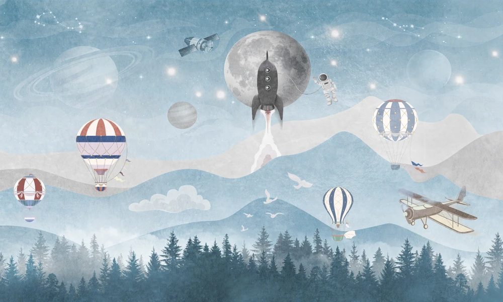 Tapet-Moon-Journey-tapet-cu-avioane-astronaut-si-planete-pentru-baieti
