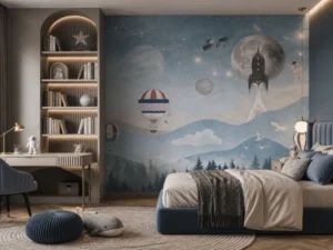 Tapet-Moon-Journey-tapet-cu-avioane-astronaut-si-planete-pentru-baieti