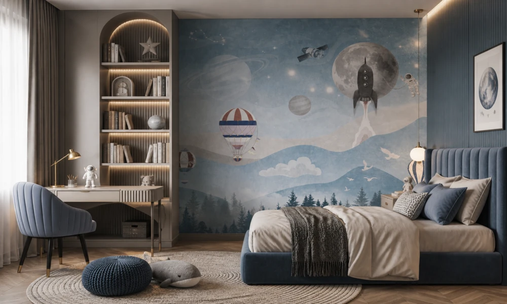 Tapet-Moon-Journey-tapet-cu-avioane-astronaut-si-planete-pentru-baieti